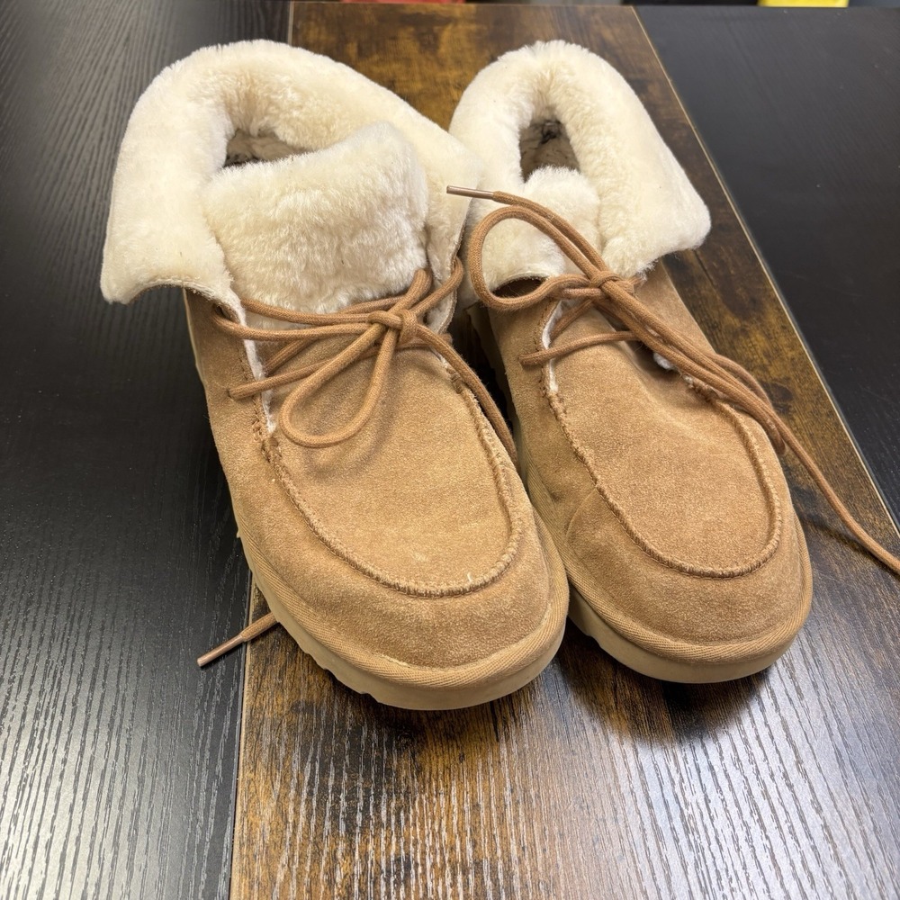 UGG Neumel Suede Lace Up Boots Chestnut Tan Sheepskin Trim 1094269 Women's‎ 12